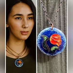 Enamel Pendant Necklace – Hand-Painted Copper, Floral Finift Style Necklace